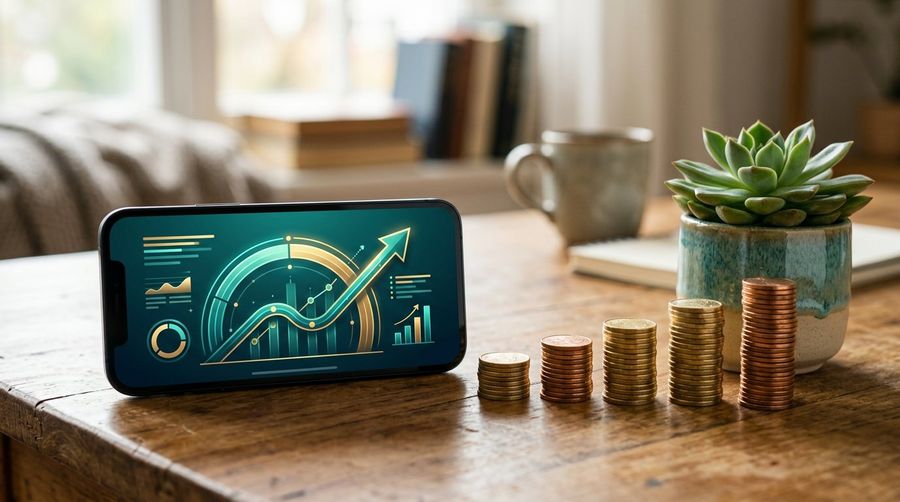 Smartphone showing an improving credit score next to growing coin stacks