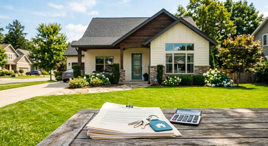 Suburban American home with mortgage documents and keys on a table