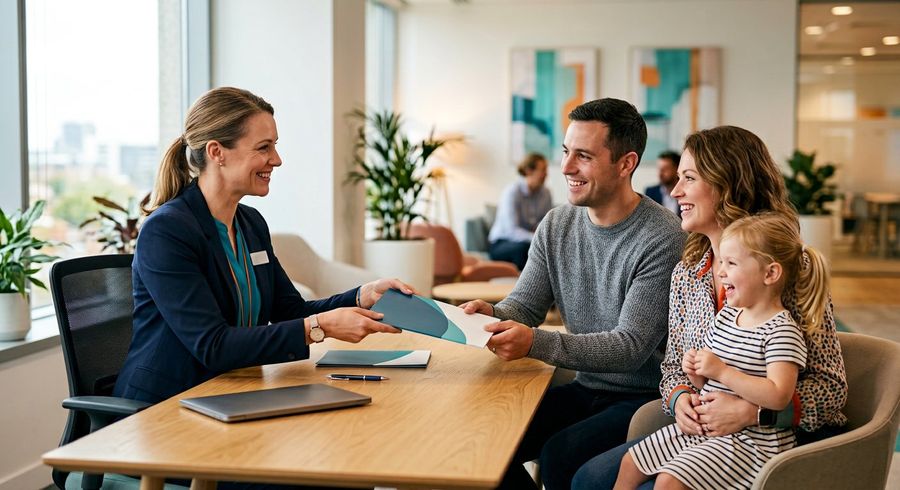 Insurance advisor handing a policy folder to a smiling young family