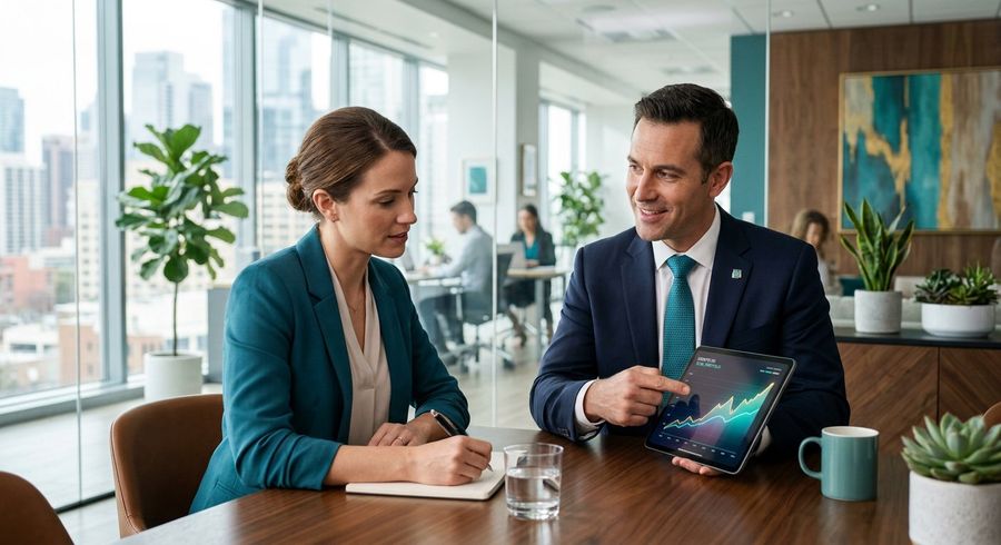 Advisor presenting an investment growth chart on a tablet to a client
